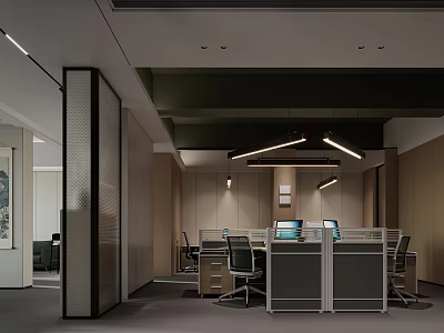 Modern Public Office Area Interior With Partitioned Workstations Office Chairs And Pendant Lights 3d model
