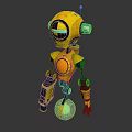 Yellow Robot Game and Movie Character With Black Eyes Green Glowing Parts Blue Transparent Sphere