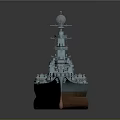 Detailed Warship Model With Blue Hull Brown Bottom Masts And Turrets