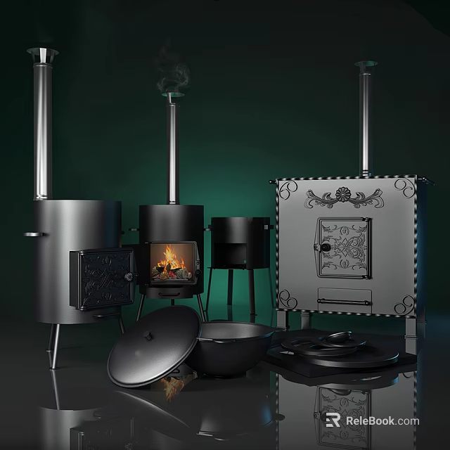 Various Wood Burning Stoves With Ornate Modern Designs Metal Pans Lids and Chimneys 3d model 