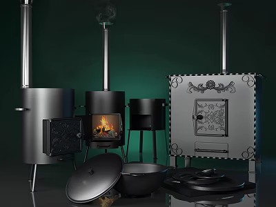 Various Wood Burning Stoves With Ornate Modern Designs Metal Pans Lids and Chimneys 3d model