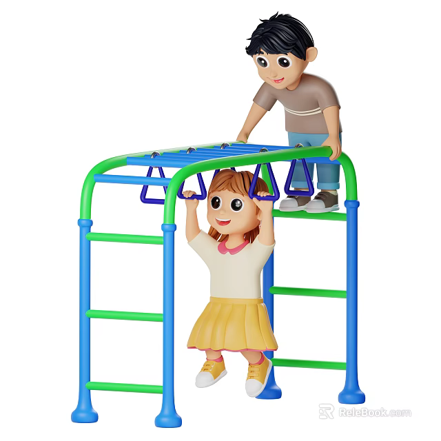 Cartoon Game Characters Hanging And Standing On Blue Green Climbing Frame With Ladder And Bars 3d model 
