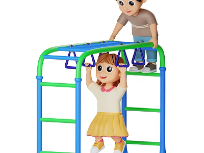 Cartoon Game Characters Hanging And Standing On Blue Green Climbing Frame With Ladder And Bars 3d model