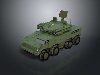 Green Military Tank with Six Wheeled Design and Mounted Weapon Antenna System 3d model