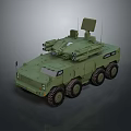 Green Military Tank with Six Wheeled Design and Mounted Weapon Antenna System