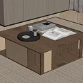 Modern Wooden Coffee Table With Woven Details Tray Cup And Books On Carpet