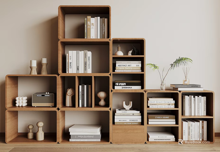 Minimalist Wooden Modular Bookshelf With Open Shelves Books Decorative Items And Plants 3d model 