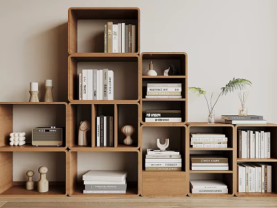 Minimalist Wooden Modular Bookshelf With Open Shelves Books Decorative Items And Plants 3d model