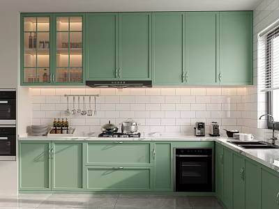Green Kitchen Interior With Glass Front Upper Cabinets White Tiled Backsplash White Countertop And Appliances 3d model