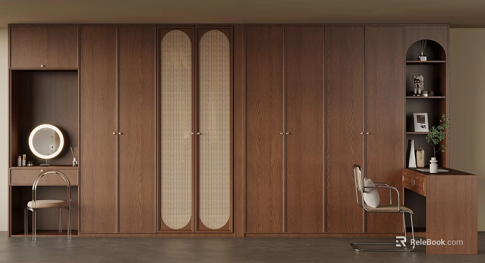 Modern Brown Wooden Wardrobe With Double Grille Doors And Panel Design 3d model 