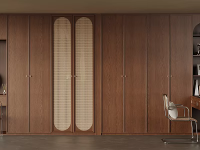 Modern Brown Wooden Wardrobe With Double Grille Doors And Panel Design 3d model