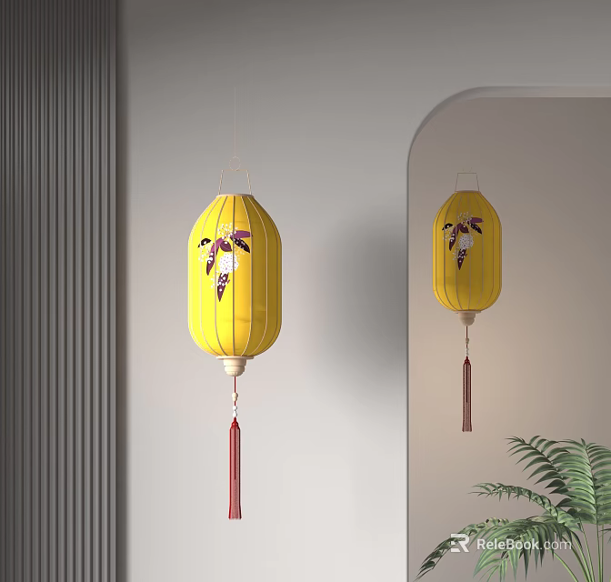 Yellow Lantern With Crane Pattern And Red Tassel In Interior Mirror Reflection And Fern Plant 3d model 