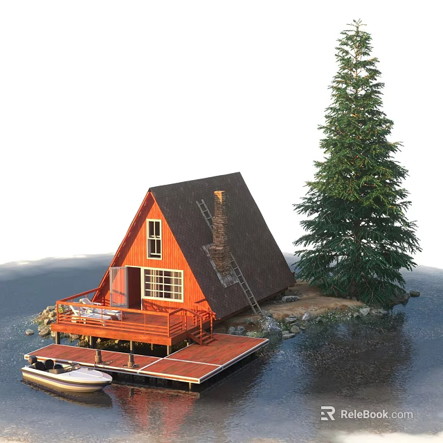 Orange Wooden Cabin with A Frame Roof Chimney and Dock by Waterfront Pine Tree 3d model 