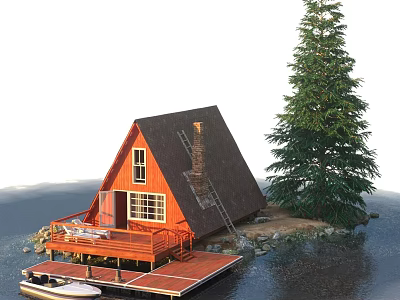 Orange Wooden Cabin with A Frame Roof Chimney and Dock by Waterfront Pine Tree 3d model