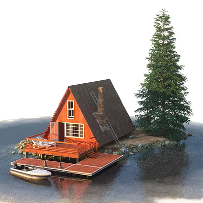Orange Wooden Cabin with A Frame Roof Chimney and Dock by Waterfront Pine Tree 3d model