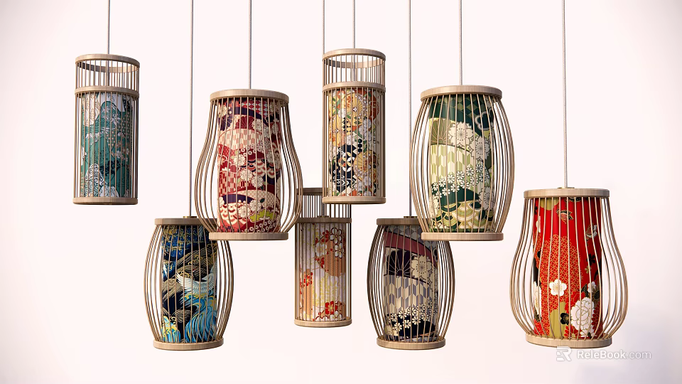 Colorful Traditional Decorative Lanterns With Various Floral Patterns And Bamboo Frames 3d model 