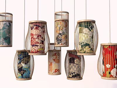 Colorful Traditional Decorative Lanterns With Various Floral Patterns And Bamboo Frames 3d model