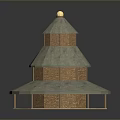 Scenic Landscape Featuring Traditional Three Tiered Dome Tower With Brick Wall And Gray Roof
