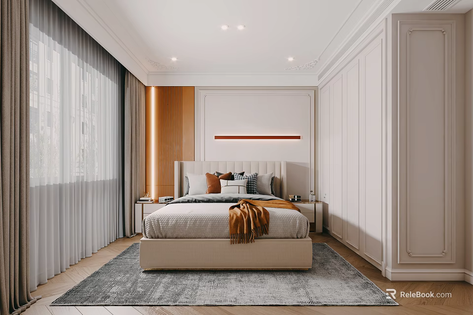 Modern Bedroom Interior With Bed Wooden Accent Red Decorative Strip And Neutral Tones 3d model 