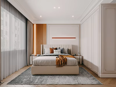 Modern Bedroom Interior With Bed Wooden Accent Red Decorative Strip And Neutral Tones 3d model