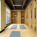 Spacious Yoga Studio With Red Exercise Mats Hanging Hammocks And Wooden Floors