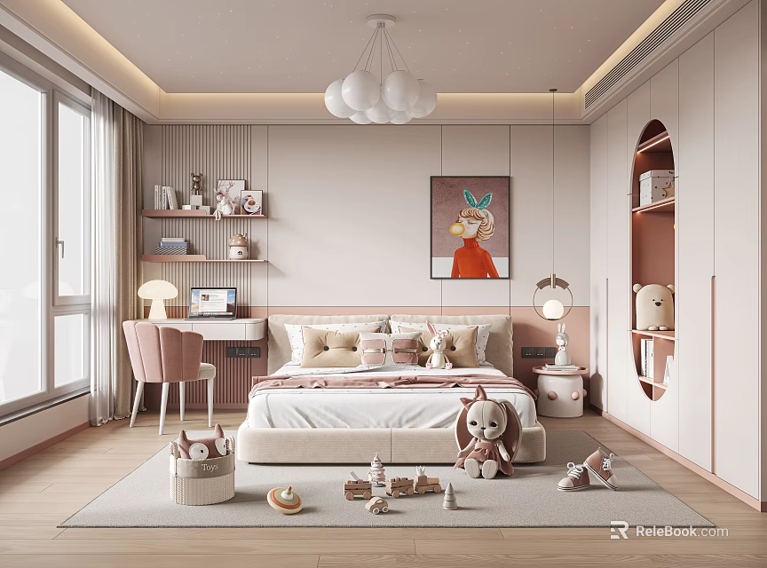 Cozy Modern Kids Bedroom Design With Plush Toys And Decor 3d model 