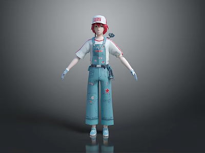 Man with red hair white cap blue overalls red star patterns tool belt blue gloves 3d model
