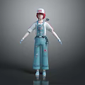 Man with red hair white cap blue overalls red star patterns tool belt blue gloves