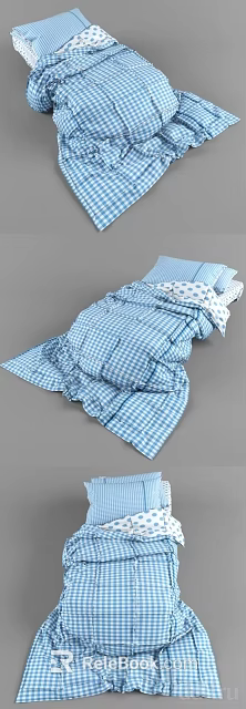 Cozy Double Bed Featuring Blue Checkered Bedding Decorative Pillows And Ruffled Design 3d model