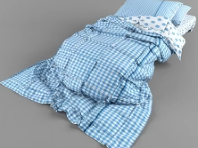 Cozy Double Bed Featuring Blue Checkered Bedding Decorative Pillows And Ruffled Design 3d model