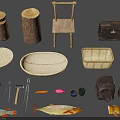 Colorful Fish Models in Scene with Wooden Stumps Woven Trays Tools and Orange