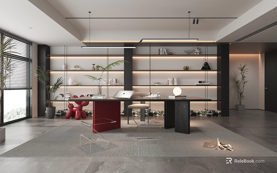 Modern Study Room Interior With Built in Shelves Wooden Desk Plants And Hanging Lights 3d model 