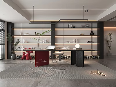 Modern Study Room Interior With Built in Shelves Wooden Desk Plants And Hanging Lights 3d model