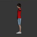 Man with tattoos in red T-shirt blue shorts and white shoes standing with arms outstretched