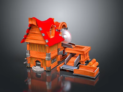 Wooden Building With Red Roof Water Mill Wheel And Mechanical Conveyor Detailed Design 3d model