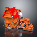 Wooden Building With Red Roof Water Mill Wheel And Mechanical Conveyor Detailed Design