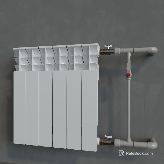 Modern White Radiator With Metal Pipes And Valves On Gray Wall Background 3d model 
