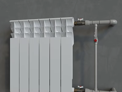 Modern White Radiator With Metal Pipes And Valves On Gray Wall Background 3d model