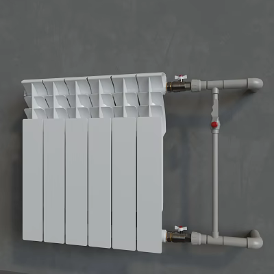 Modern White Radiator With Metal Pipes And Valves On Gray Wall Background 3d model
