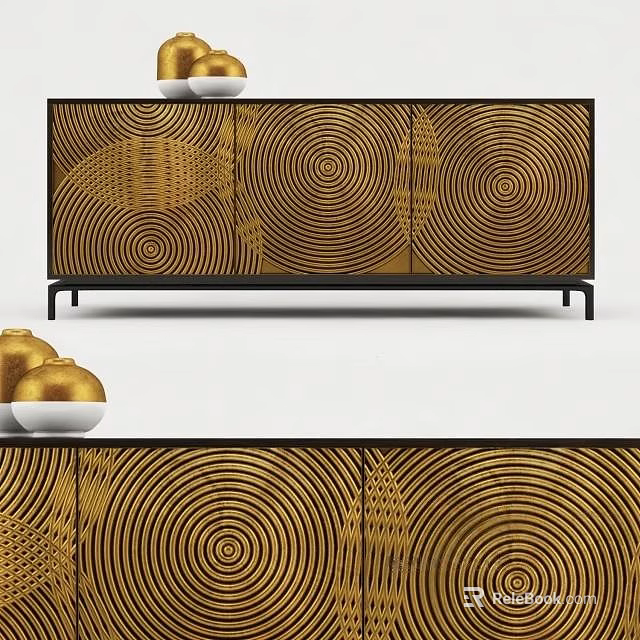 Elegant Modern Entryway Side Cabinet With Golden Circular Patterns And Decorative Bowls 3d model