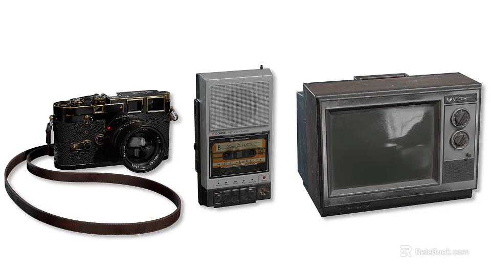 Vintage Retro TV Placed Alongside Classic Camera and Tape Recorder on White Background 3d model 