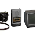 Vintage Retro TV Placed Alongside Classic Camera and Tape Recorder on White Background