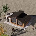 Two Small Buildings With Modern And Traditional Styles And Pedestrians Near Trees On Paved Ground