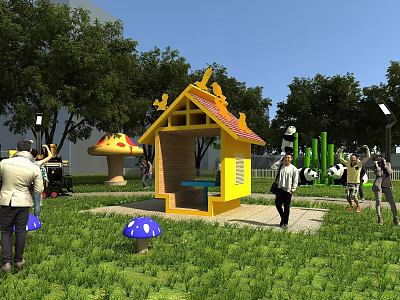 Bright Yellow Landscape Pavilion With Red Roof Green Grass Mushroom Decorations And People Walking Around 3d model