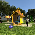 Bright Yellow Landscape Pavilion With Red Roof Green Grass Mushroom Decorations And People Walking Around