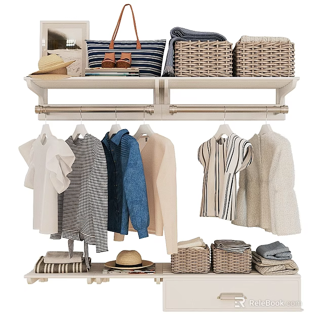 Neat Organized Clothes Display With Hanging Shirts Jacket And Storage Baskets In Closet 3d model 