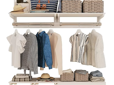 Neat Organized Clothes Display With Hanging Shirts Jacket And Storage Baskets In Closet 3d model