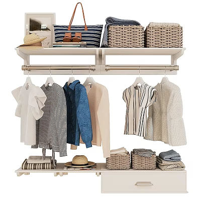 Neat Organized Clothes Display With Hanging Shirts Jacket And Storage Baskets In Closet 3d model