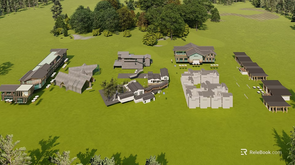 Scenic Post Station Complex With Green Lawn Trees And Multiple Buildings 3d model