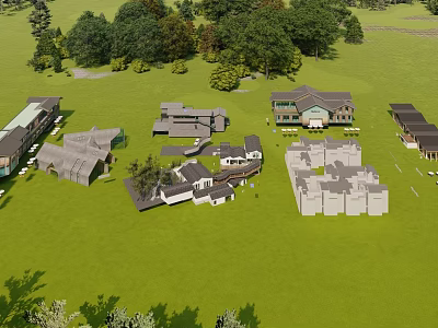 Scenic Post Station Complex With Green Lawn Trees And Multiple Buildings 3d model